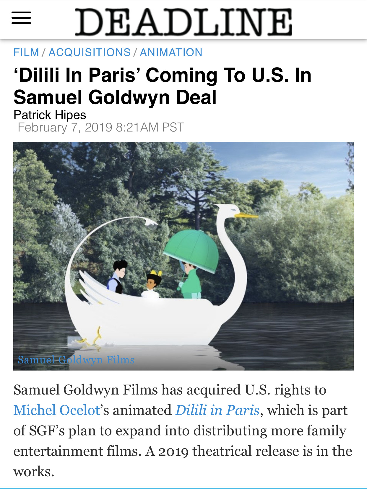 ‘Dilili In Paris’ Coming To U.S. In Samuel Goldwyn Deal
