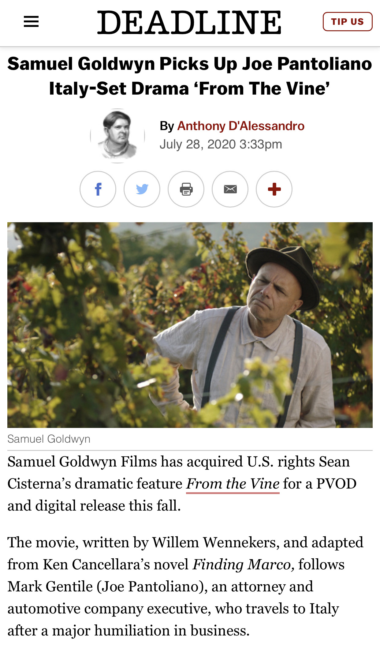 Samuel Goldwyn Picks Up Joe Pantoliano Italy-Set Drama ‘From The Vine’